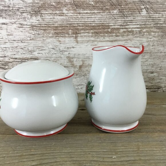 Cuthbertson American Christmas Tree Creamer & Sugar Bowl Set Porcelain Red Trim - Picture 4 of 10